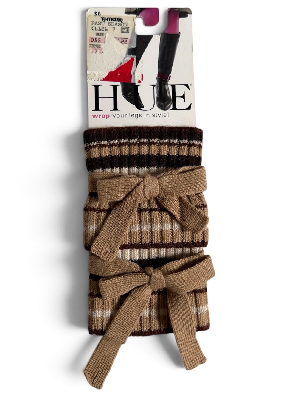 NWT Hue Brown Striped Bow Boot Cuffs Leg Warmers Y2K Camel Wool Cashmere Boho OS